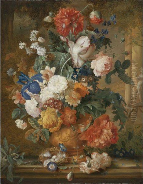 Peonies, Roses, Carnations, An Iris, Anemones, Auricula And Otherflowers In A Terracotta Vase, With Orange Blossoms, Morning Gloryand A Bird's Nest On A Marble Ledge, A Colonnade Beyond Oil Painting by Melanie de Comolera