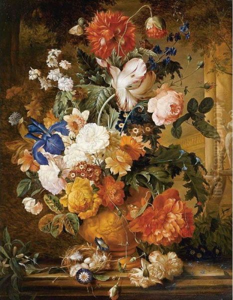 Peonies, Roses, Carnations, An Iris, Anemones, Auricula And Other Flowers In A Terracotta Vase, With Orange Blossom, Morning Glory And A Birds Nest On A Marble Ledge, A Colonnade Beyond Oil Painting by Melanie de Comolera