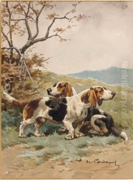 Deux Chiens De Chasse A Courre Attaches Oil Painting by Charles Fernand de Condamy