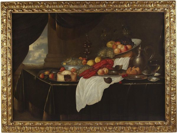 A Still Life Of Lobster, Fruit, A Flagon And Wine On A Table-top With A View Beyond Oil Painting by Andries De Coninck