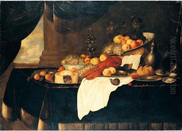 Still Life Of A Lobster, A Pie And Various Fruits In Blue And White Bowls And On Pewter Plates, Together With A Basket Of Bread, A Wine Glass, Gilt Goblet, Pewter Flagon, Oysters And A Fig On A Table Draped With A Red Velvet Cloth Oil Painting by Andries De Coninck