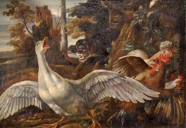 Chien Attaquant Une Oie Et Des Poules Oil Painting by David de Coninck