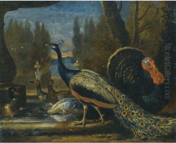 A Still Life With A Hare, Birds And A Spaniel Oil Painting by David de Coninck