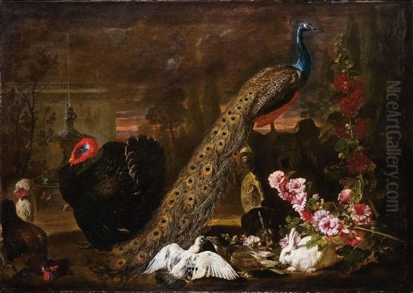 Fiori E Animali Da Cortile Su Sfondo Di Paesaggio Oil Painting by David de Coninck