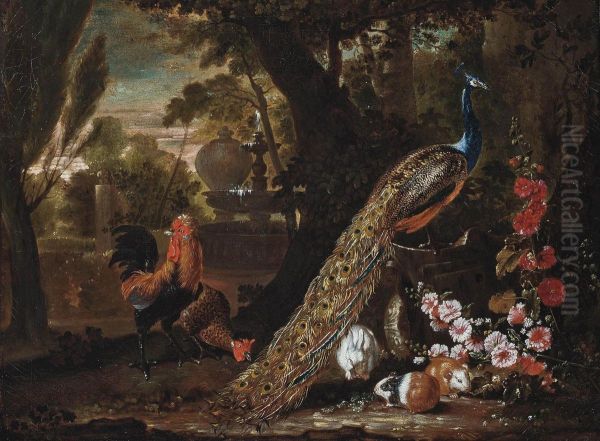 A Peacock And Cockerels, With Guinea Pigs And A Rabbit, In A Wooded Park Oil Painting by David de Coninck