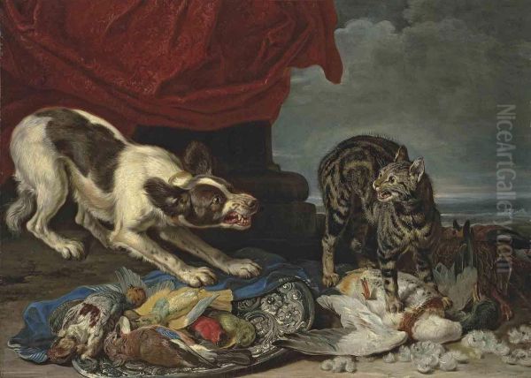 A Cat And A Dog Fighting Over Fowl, A Column With Draped Curtainand Coastal Landscape Oil Painting by David de Coninck