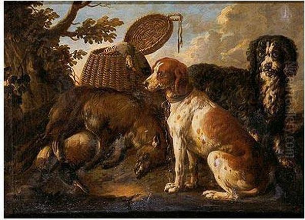 Bodegon De Caza Y Dos Perros En Unpaisaje Oil Painting by David de Coninck