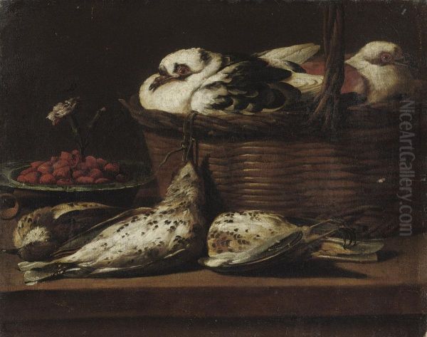 Doves In A Wicker Basket With Woodcocks And A Bowl Of Wild Strawberries Oil Painting by David de Coninck