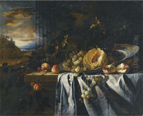 Still Life With A Melon In A Porcelain Bowl Together With Grapes Oil Painting by Gregorius De Coninck