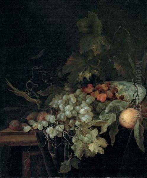 Grapes In A Porcelain Bowl, An Orange, And Plums On A Table Oil Painting by Gregorius De Coninck