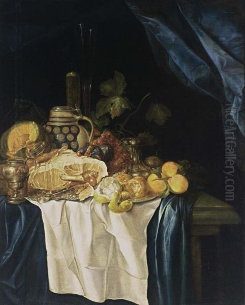 A Still Life With A Ham On A Silver Plate, A Melon, Oranges, Peaches, A Lemon, Grapes And Figs, A Mustard Jar, A Sugar Bowl, A Stoneware Jug, And Two Flutes, All On A Draped Table Oil Painting by Gregorius De Coninck