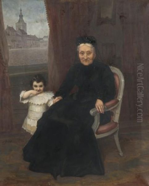 Portrait D'une Grand-mere Et De Sa Petite Fille Oil Painting by Pierre-Louis-Joseph de Coninck