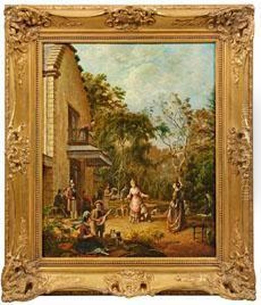 Sommerliche Gesellschaft Vor Einer Villa Oil Painting by Pierre-Louis-Joseph de Coninck