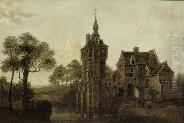 A River Landscape With A Castle, Figures Conversing At Thewaterside Oil Painting by Hendrik Frans de Cort