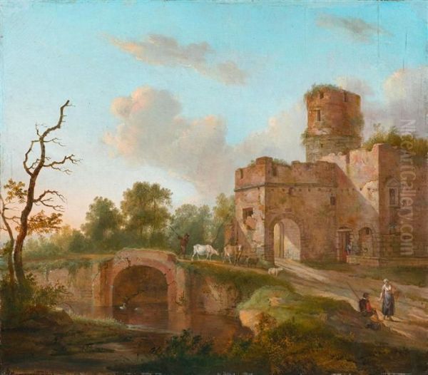 Flusslandschaft Mit Burgruine. Oil Painting by Hendrik Frans de Cort