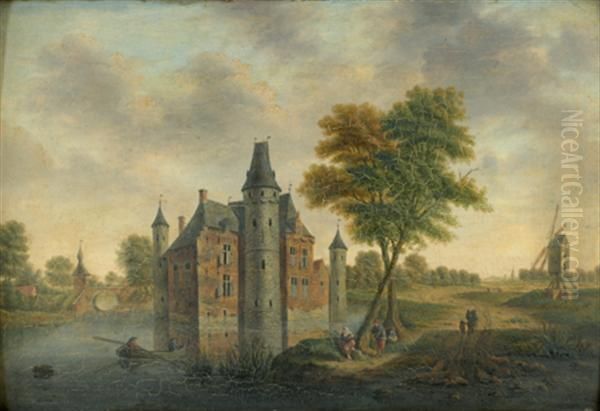 Vue D'un Chateau En Bord De Riviere Oil Painting by Hendrik Frans de Cort