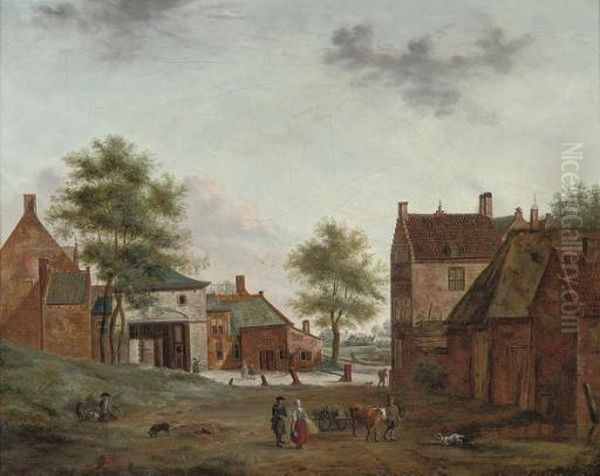 A Farmstead With Figures Conversing Oil Painting by Hendrik Frans de Cort