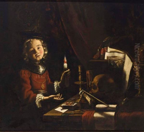 A Vanitas Still Life Of A Young Boy Holding A Candle In Front Of A Table With Playing Cards, A Candle Stick, An Hour-glass, Smoking Utensils, A Skull, A Watch, Books, A Music Score And A Silver Gilt Cup Oil Painting by Adam de Coster