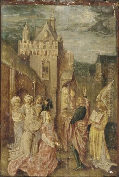 A Male Saint Preaching Outside A Manor Oil Painting by Colijn de Coter