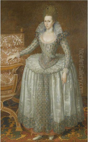 Portrait Of Anne Of Denmark (1574-1619), Wearing A Whitefarthingale Dress And Pearl Sash Oil Painting by John de Critz