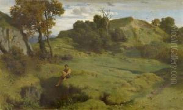 Sheep In An Idyllic Landscape Oil Painting by Alfred P. De Curzon