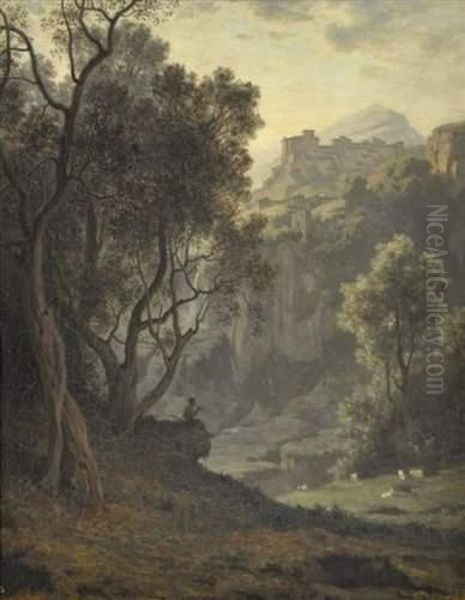 Paysage De Montagnes Et Berger Jouant De La Flute. Oil Painting by Alfred P. De Curzon