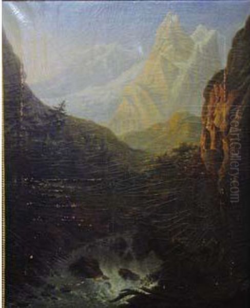  Cascade Du Staubbach Et Glacier De La Jungfrau, Dans La Vallee De Lauterbrunn  Oil Painting by Casimir, Marquis De Cypierre