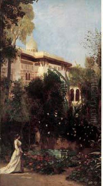 Jeune Femme Dans Les Jardins Du Palais. Oil Painting by Emmanuel De Dieudonne