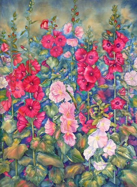 'hollyhocks In A Spring Garden