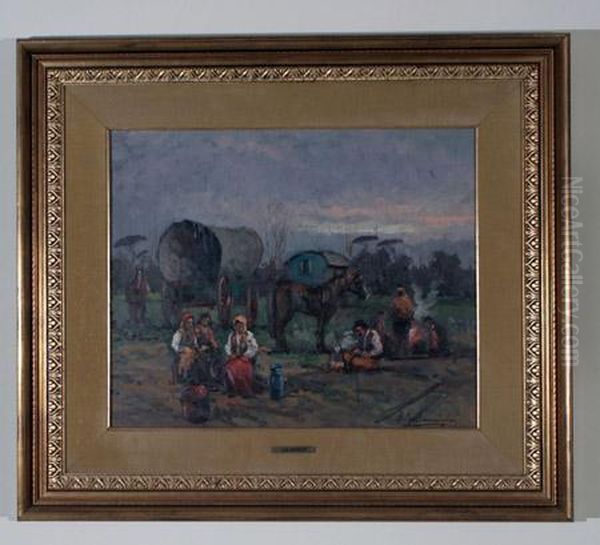 Peasants In A Landscape Oil Painting by Achille De Dominicis