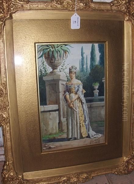 Lady With Fan Standing Beside A Classicalgarden Urn, Signed And Dated '75, Watercolour Oil Painting by Achille De Dominicis