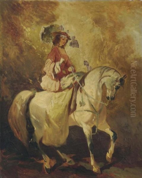 Esquisse, Amazone A L'ombrelle Oil Painting by Alfred De Dreux