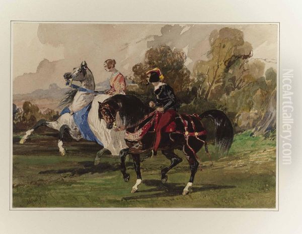 A Lady And Her Suitor On Horseback In Renaissance Costume Oil Painting by Alfred De Dreux