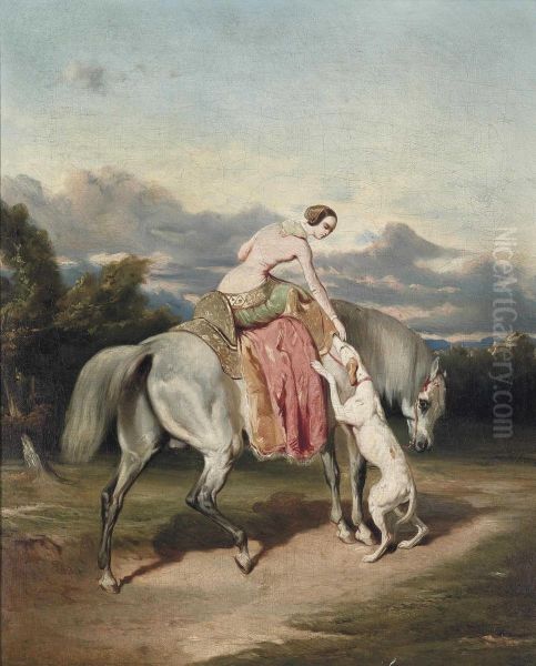 A Lady On Horseback Petting Her Dog Oil Painting by Alfred De Dreux