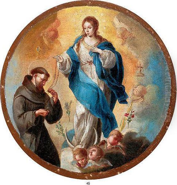 Inmaculada Concepcion Entregando Elrosario A San Francisco Oil Painting by Juan De Espinal