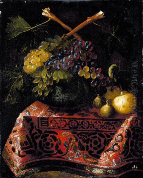 Still Life Of Red And White Grapes In A Blue-and-white Porcelain Bowl, Together With Figs And Pears, All Arranged Upon A Table Draped With A Carpet Oil Painting by Juan Bautista de Espinosa