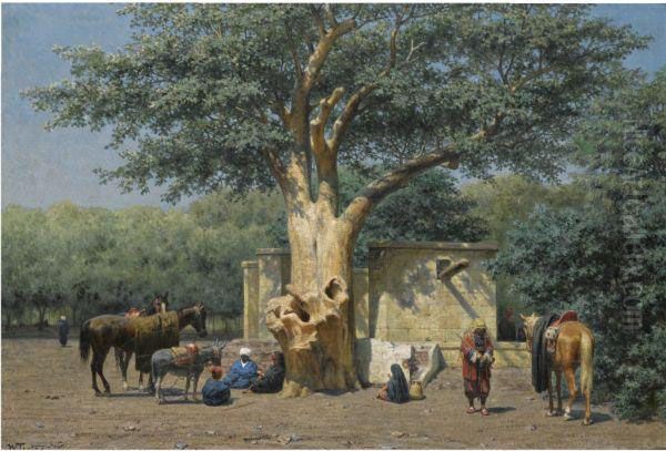 The Well And Sycamore In Ezbekieh Square, Cairo Oil Painting by Willem De Famars Testas