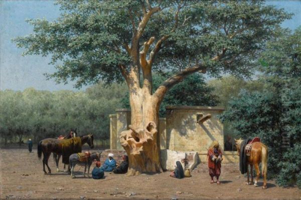 Le Puits Et Le Vieux Sycomore A La Place De L'esbekieh Au Kaire (egypte) Oil Painting by Willem De Famars Testas