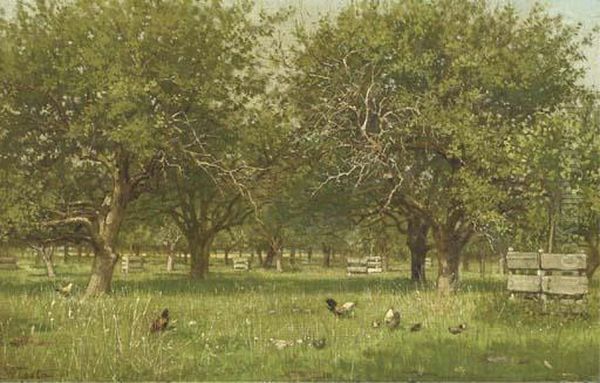 Chickens In An Orchard Oil Painting by Willem De Famars Testas