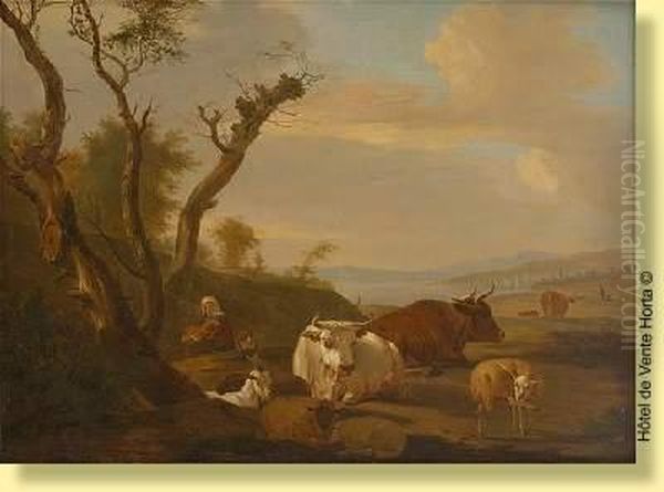 Troupeau Sur Fond De Paysage Lacustre Oil Painting by Nicolas Henri Joseph De Fassin