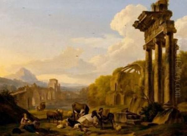 Bergers Gardant Leur Betail Dans Les Ruines Du Colisee Oil Painting by Nicolas Henri Joseph De Fassin