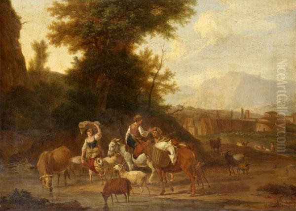 An Italianate Landscape With Drovers Watering Their Animals Oil Painting by Nicolas Henri Joseph De Fassin