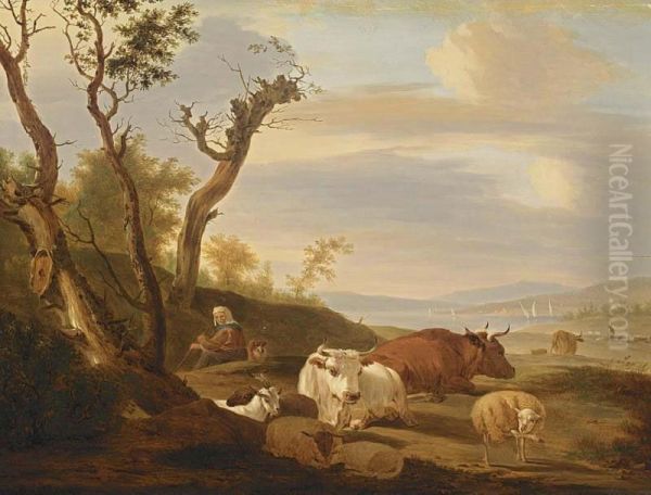 A Pastoral Landscape With A Shepherdess And Her Herd, A Lake With Sailing Boats Beyond Oil Painting by Nicolas Henri Joseph De Fassin