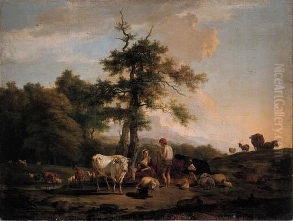 A Cowherd And A Shepherdess On A Riverbank, In A Italianatelandscape Oil Painting by Nicolas Henri Joseph De Fassin