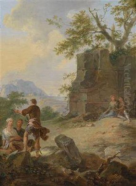 A Pair Of Landscapes With Ruins With Resting People Oil Painting by Franz Ferg