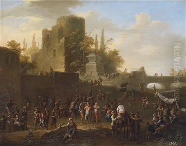 Rural Celebration In Front Of A Ruin And An Ancient Monument Oil Painting by Franz Ferg