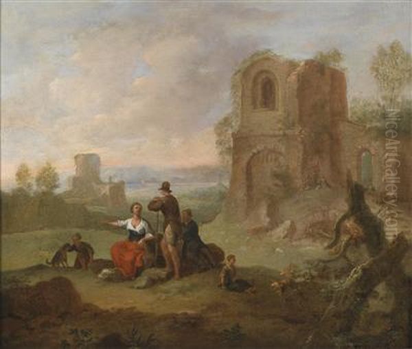 A Landscape With Ruins And Resting Travellers Oil Painting by Franz Ferg