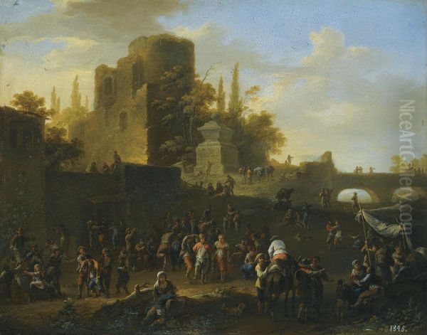 A Kermesse With Villagers By Ruins Oil Painting by Franz Ferg