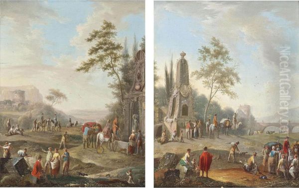 A Landscape With Travellers Conversing Near A Classical Monument, A Bridge Beyond; A Landscape With Travellers Watering Their Horses At A Classical Fountain, A Ruined Castle Beyond Oil Painting by Franz Ferg