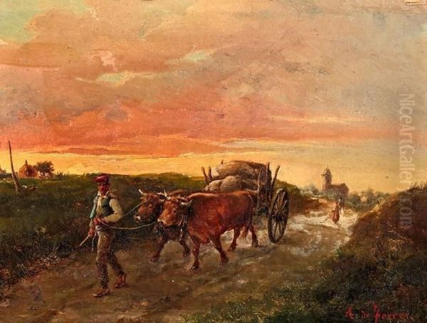 Campesino Con Bueyes Oil Painting by Antonio De Ferrer Corrios